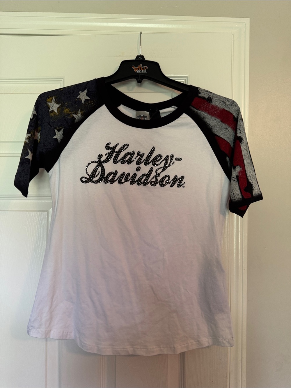 Harley-Davidson White Tee with Black Trim & Flag Raglan Sleeves